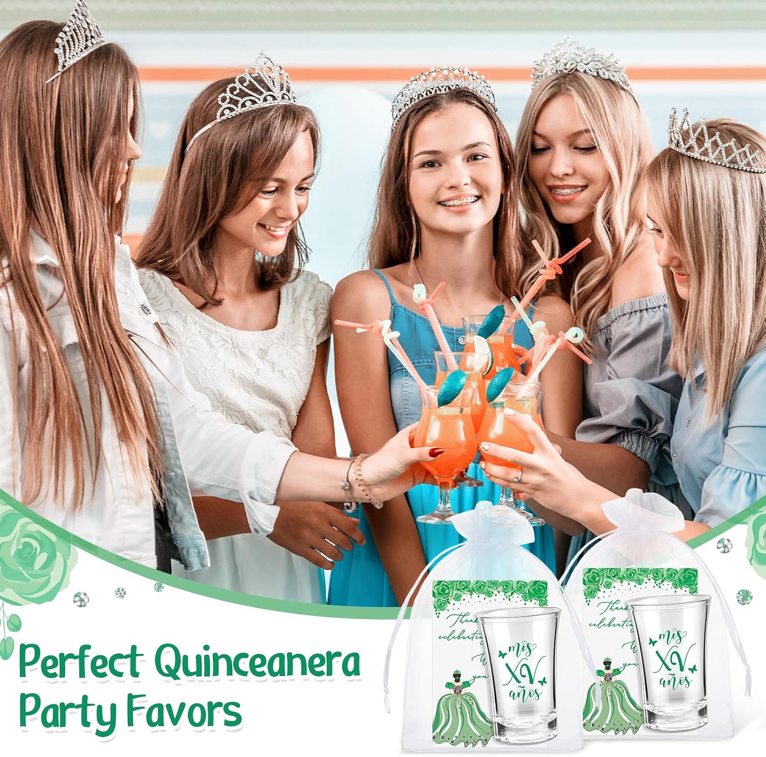 Havawish 50 Sets Quinceanera Party Favors for Guests Quinceanera Acrylic Clear Personalized Shot Glasses Thank You Cards with Organza Bags Mis Xv Años Sweet 15 Birthday Party Favors (Green)