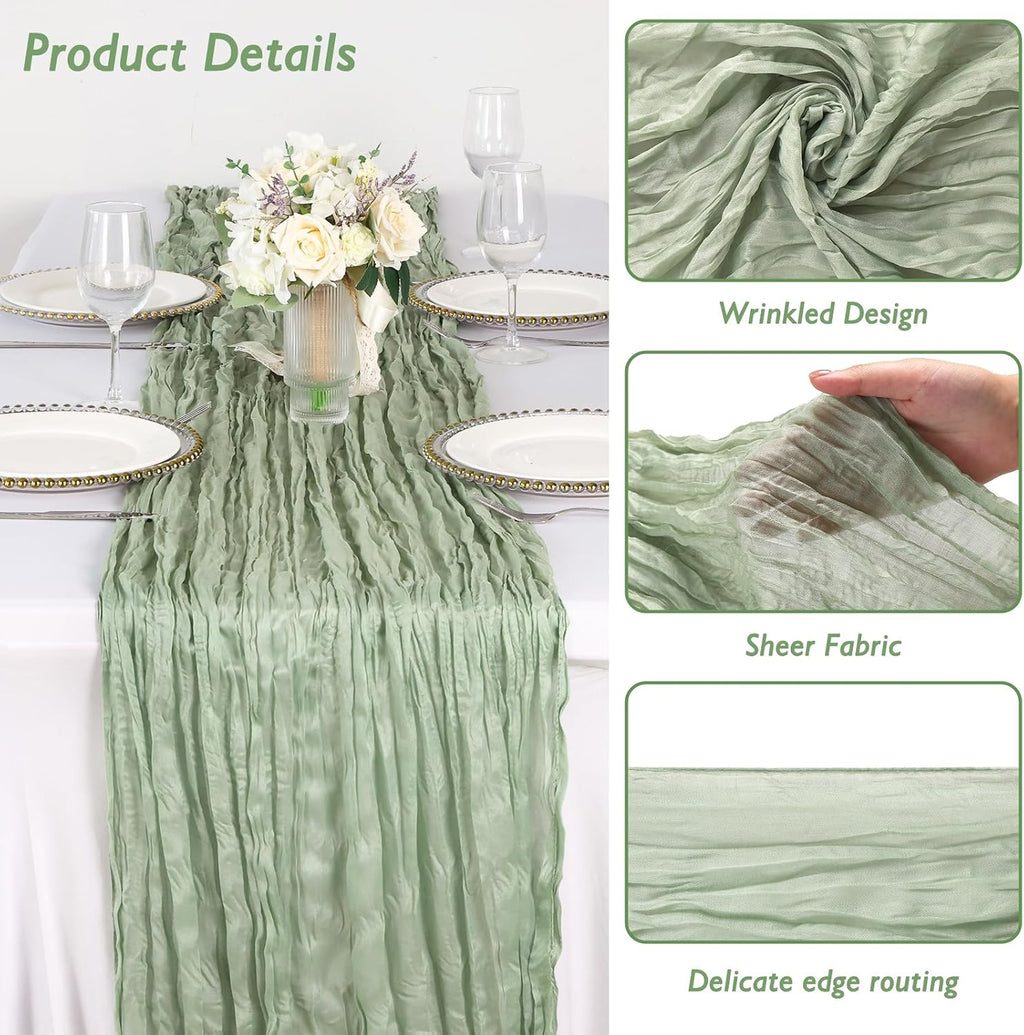3 Pack Sage Green Cheesecloth Table Runner 120 Inch 10FT Cheese Cloth Runners for Baby Shower, Boho Decor, Wedding Decoration, Jungle Theme Party