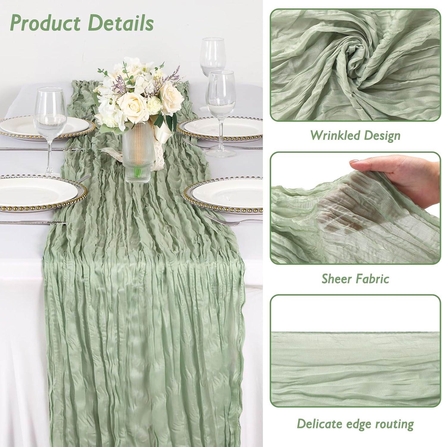 3 Pack Sage Green Cheesecloth Table Runner 120 Inch 10FT Cheese Cloth Runners for Baby Shower, Boho Decor, Wedding Decoration, Jungle Theme Party