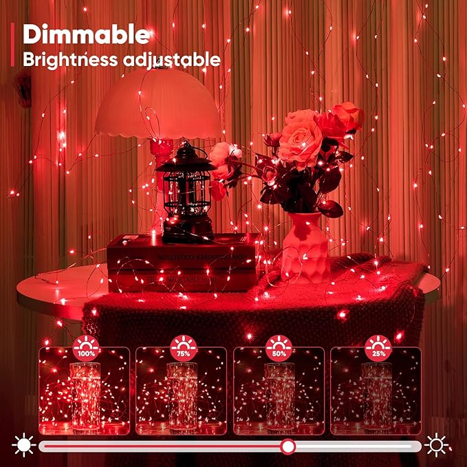 4 Pack 16.4 Ft. Battery Operated Outdoor String Lights with Remote & Timer, LED Red Fairy Lights, Waterproof Twinkle Lights for Bedroom, Dorm, Mason Jar, Wedding, Party, Christmas