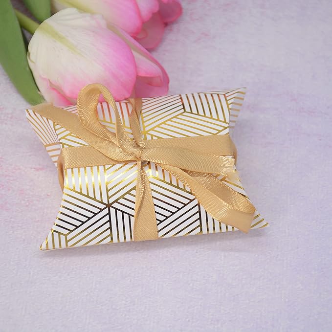 Aokbean 100 Pack Mini Pillow Candy Box Small Gift Boxes with 50 Yards Ribbon for Christmas Wedding Party Favor Gift, Jewelry or Soap Packaging (Gold Stripes)