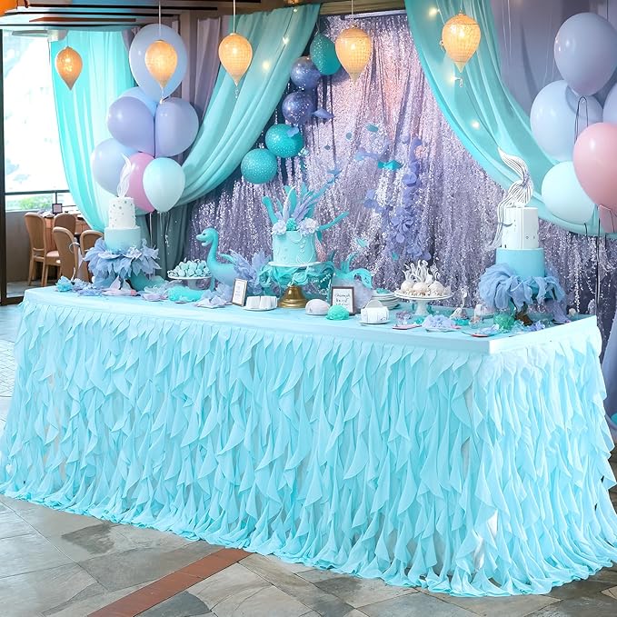 Partisky Aqua Blue Tulle Curly Willow Table Skirt for Rectangle Table 17ft, Ruffle Tutu Table Cloth for Boys Baby Shower,Birthday Party Candy Cake Tables