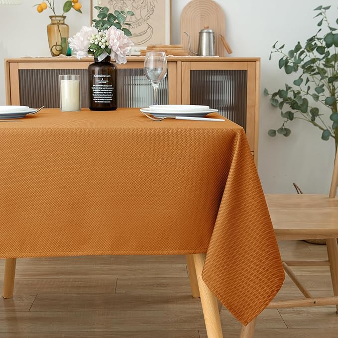 Biscaynebay Fall Tablecloth Textured Fabric Square Tablecloths 70x70 Inch, Bronze Thanksgiving Autumn Harvest Water Resistant Fabric Tablecloths for Kitchen, Dining, Wedding, Parties Machine Washable