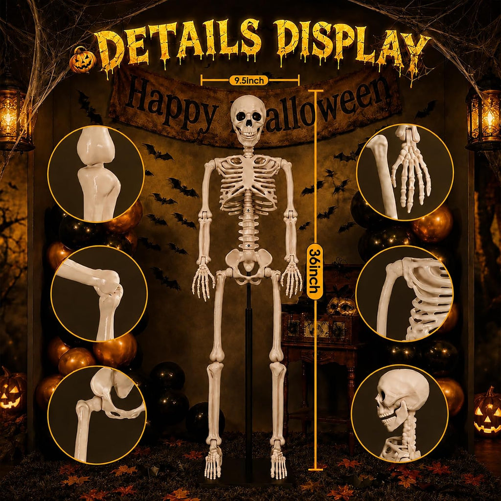 halloween skeleton decorations,36" posable human skeleton decorations for shown in use
