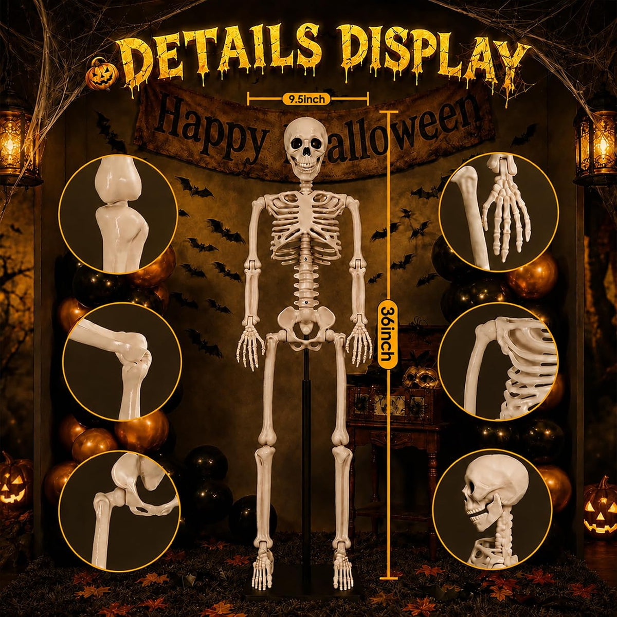 halloween skeleton decorations,36" posable human skeleton decorations for shown in use