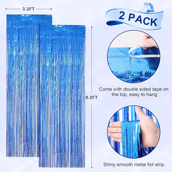2 Pack Laser Blue Foil Fringe Backdrop Curtains, Tinsel Streamers Birthday Party Decorations, Fringe Backdrop for Graduation, Baby Shower, Gender Reveal, Disco Party