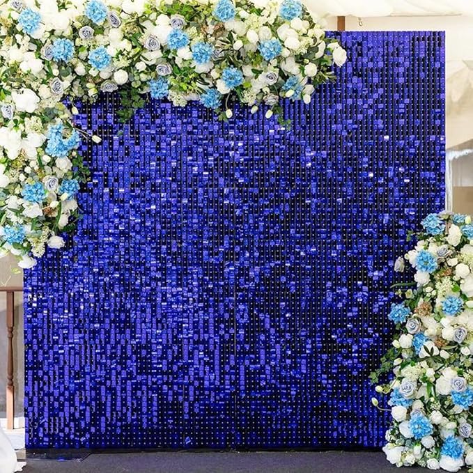 Qcity Blue Shimmer Wall Backdrop 24PCS, Black Back Not See-Through Design, Square Sequin Glitter Backdrop Panel, Perfect for Outdoor Events, Birthdays, Wedding and Party Decoration