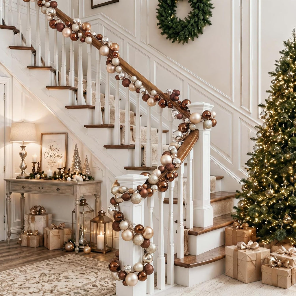6 ft christmas ball ornament garland, brown, champagne, front angle view