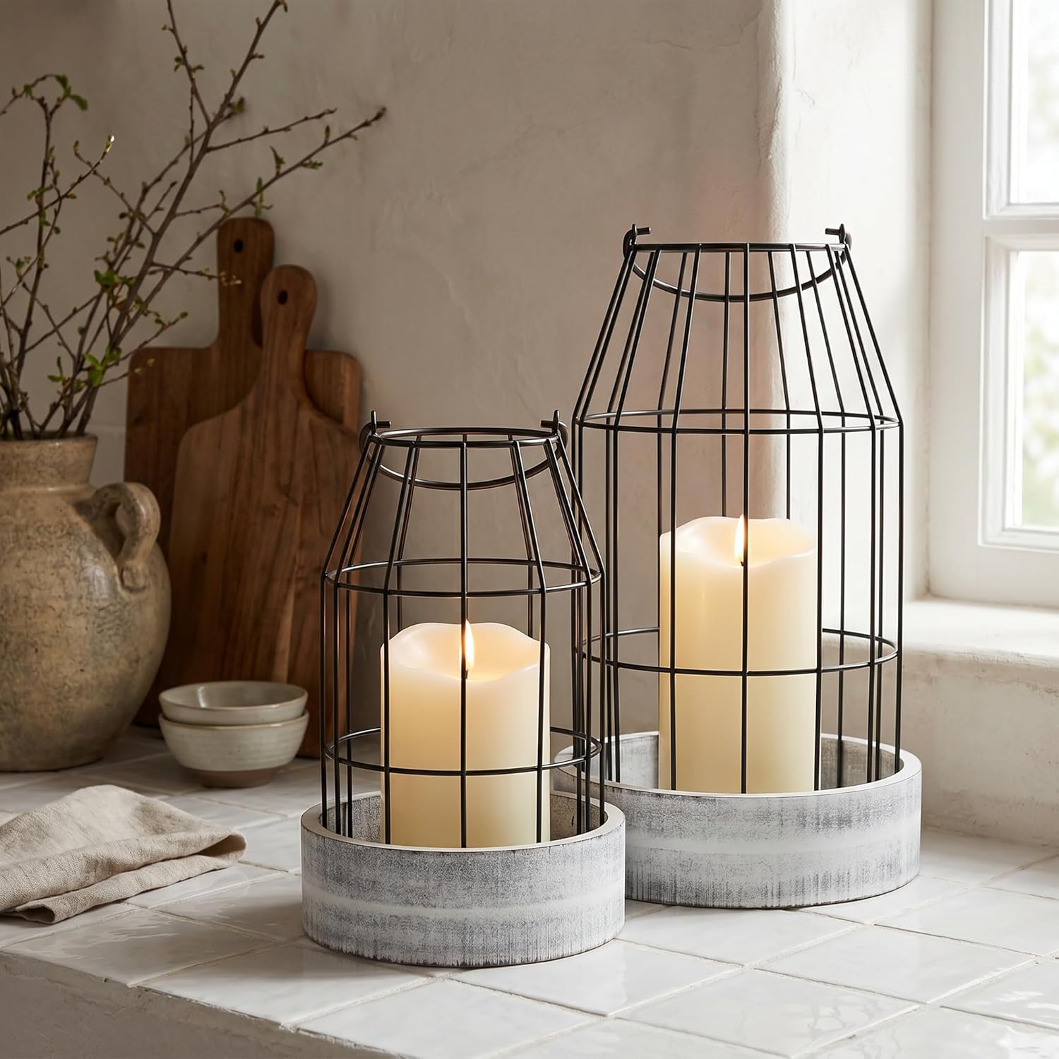 Rustic Farmhouse Lantern Decor Set of 2 - Stylish Decorative Lanterns for Your Living Room, Patio & Porch or Kitchen Dining Table - Modern Indoor/Outdoor Coffee Table Decor for Your Entire Home