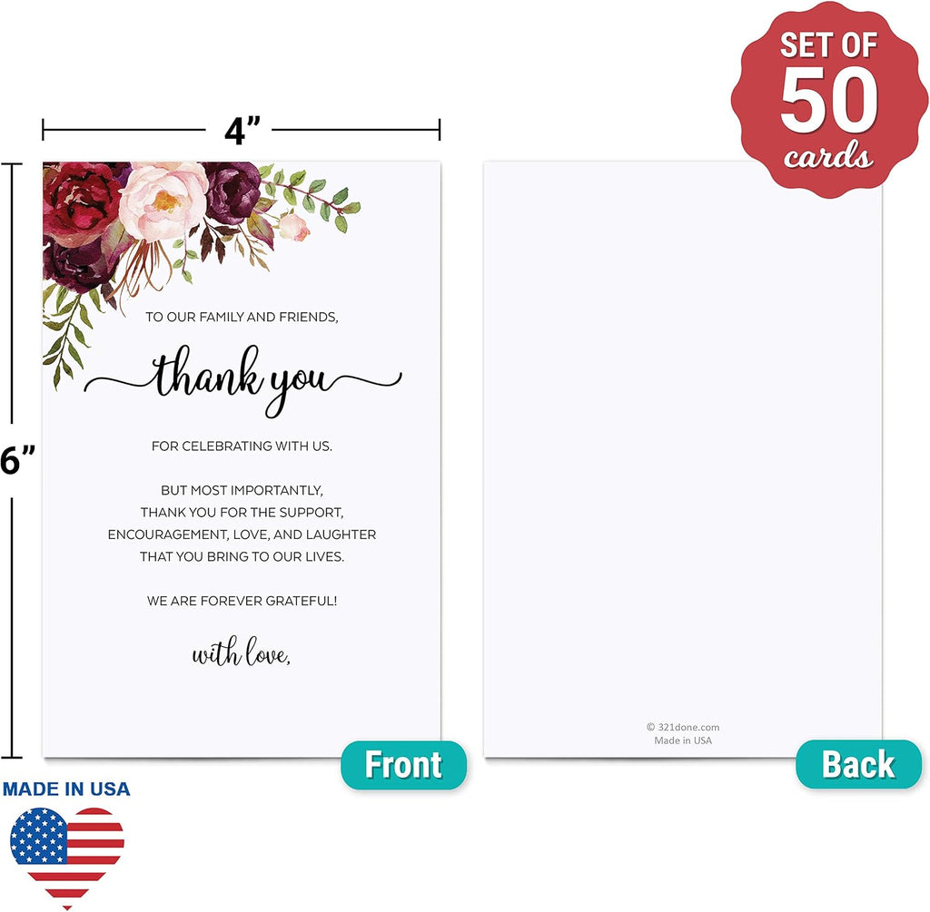 321Done Thank You Place Setting Card with Love, Thank You for Celebrating with Us, 4x6 Table Placecards for Wedding, Watercolor Florals on White, Made in USA, 50-Pack