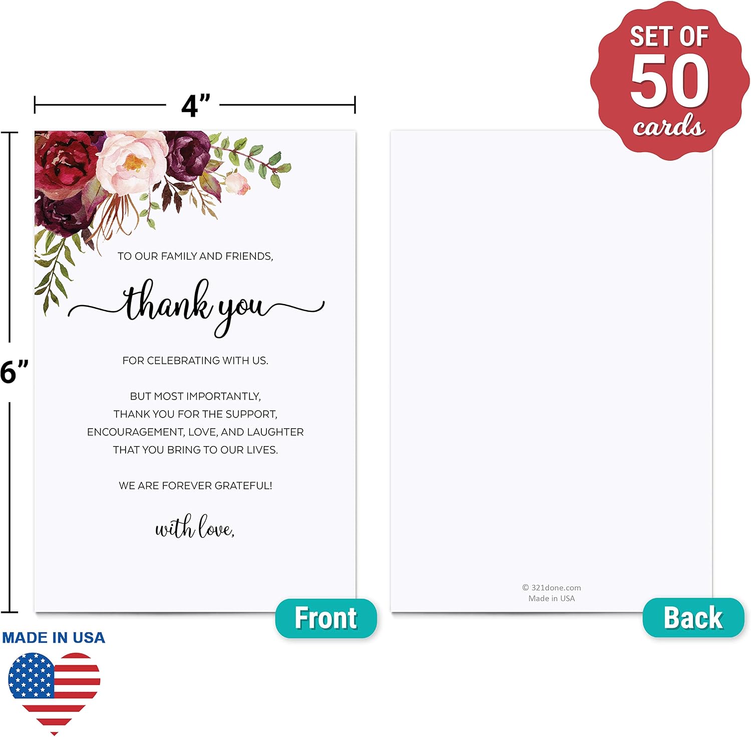 321Done Thank You Place Setting Card with Love, Thank You for Celebrating with Us, 4x6 Table Placecards for Wedding, Watercolor Florals on White, Made in USA, 50-Pack