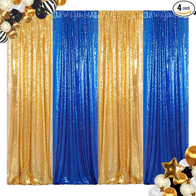 ShinyBeauty Blue and Gold Sequin Sparkle Photo Backdrop 2x8FT (4 Panels) - Wall Decor for Weddings, TikTok Videos, Birthday Parties, Baby Showers & Live Streams