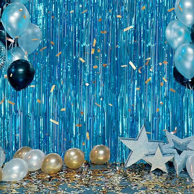 3 Pack Foil Fringe Backdrop - Blue Shiny Tinsel Curtains for Party Decoration/Photo Booth Props - 3.3x8.2 FT Metallic Foil Backdrop for Birthday, Wedding, Graduation, Christmas.
