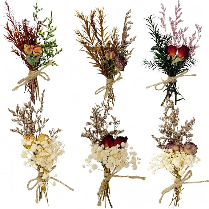 CROISSANT Mini Dried Flower Bouquet 6PCS, Mixed Natural Dried Flowers Bundles,Dried Flower Mixed Bouquet Suitable for Handmade DIY Greeting Card Decoration,Multi-Purpose Craft Flowers