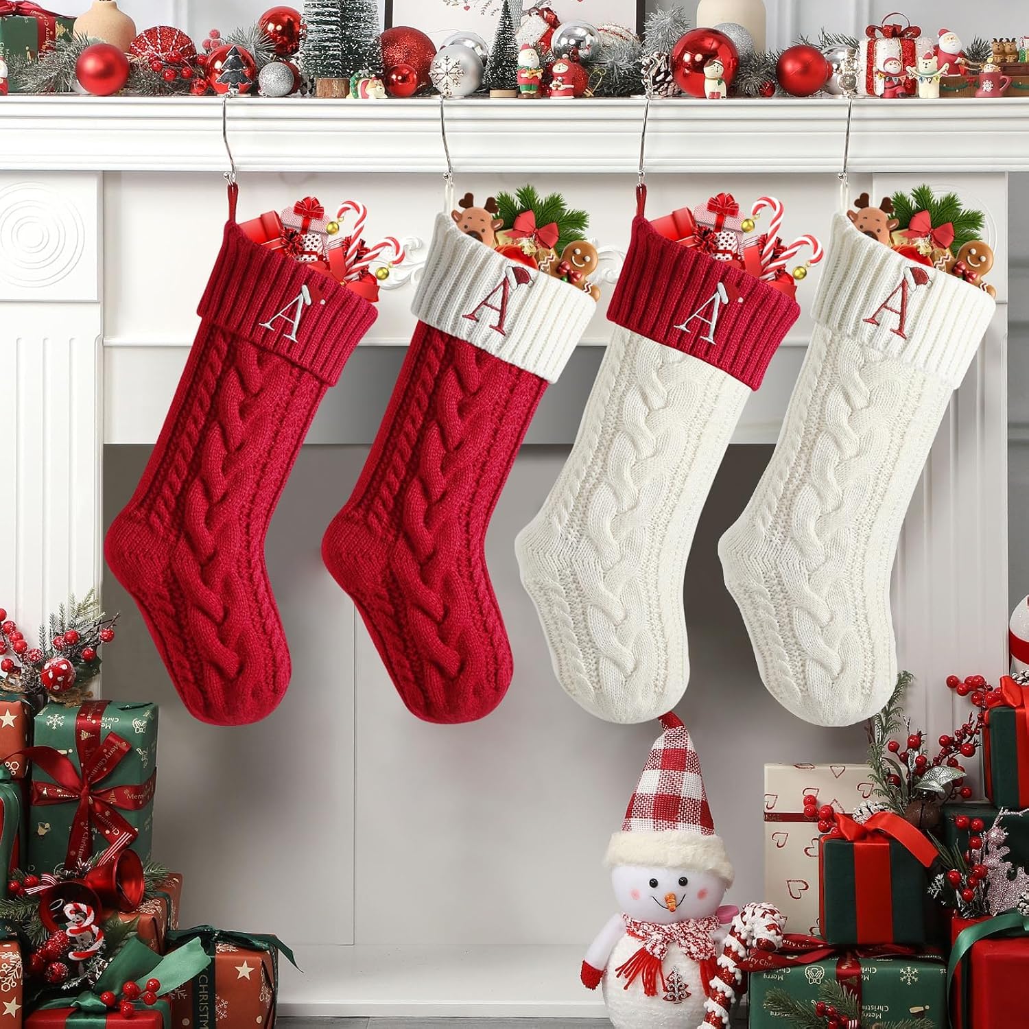 Christmas Stockings with Initials, 18" Large Embroidered Monogram Knit Family Christmas Stocking, Red Xmas Stocking for Kids, Christmas Decoration for Family Fireplace Holiday Party(Letter A)