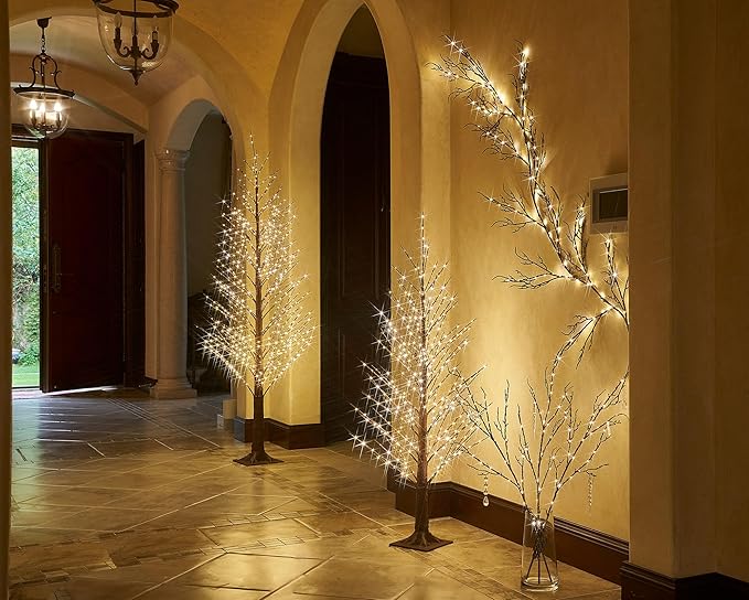 Hairui Lighted Willow Branches Silver Glittered 32IN 120 LED Fairy Lights with Timer, Twig Branch with Lights Battery Operated or USB Plug in for Home Fireplace Room Christmas Holiday Decoration