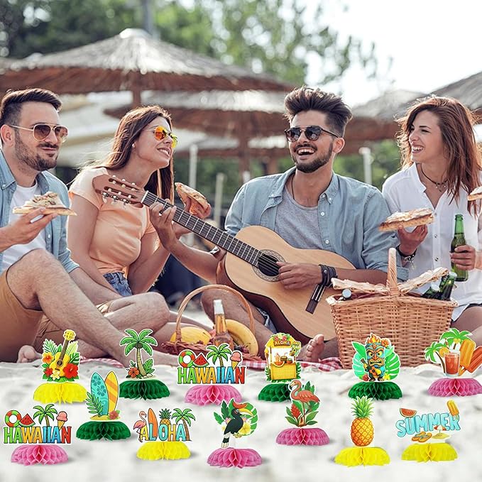 12Pcs Summer Honeycomb Hawaii Table Centerpieces Luau Aloha Table Toppers Tiki Honeycomb Centerpieces Tropical Flamingo Table Decorations for Beach Pool Luau Birthday Wedding Party