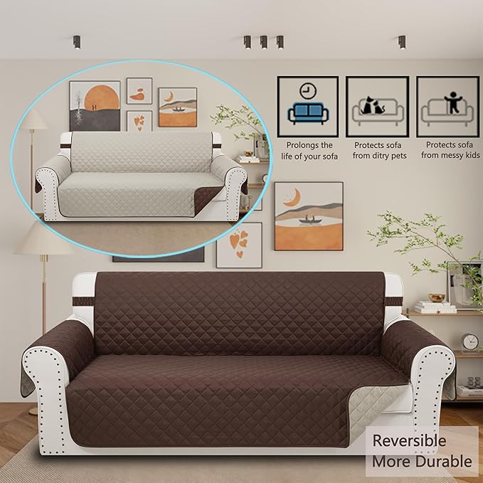 Reversible 4 Seater Sofa Cover 91 Inch Large Couch Cover Furniture Protector(Sofa XX-Large,Chocolate/Beige)