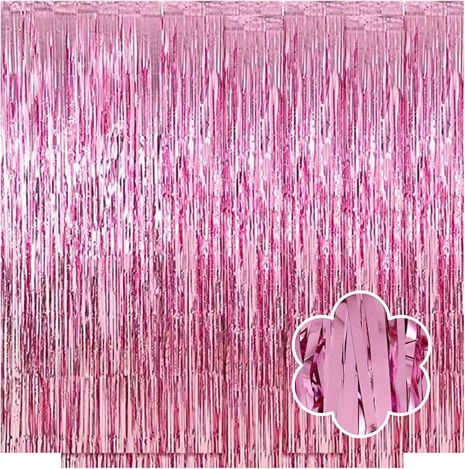 5 Pack Pink Foil Curtain Backdrop 3.2ft x 9.8ft Metallic Tinsel Foil Fringe Curtains Streamer Photo Booth Backdrop for Birthday Party Engagement Bachelorette Party Decorations (Pink)