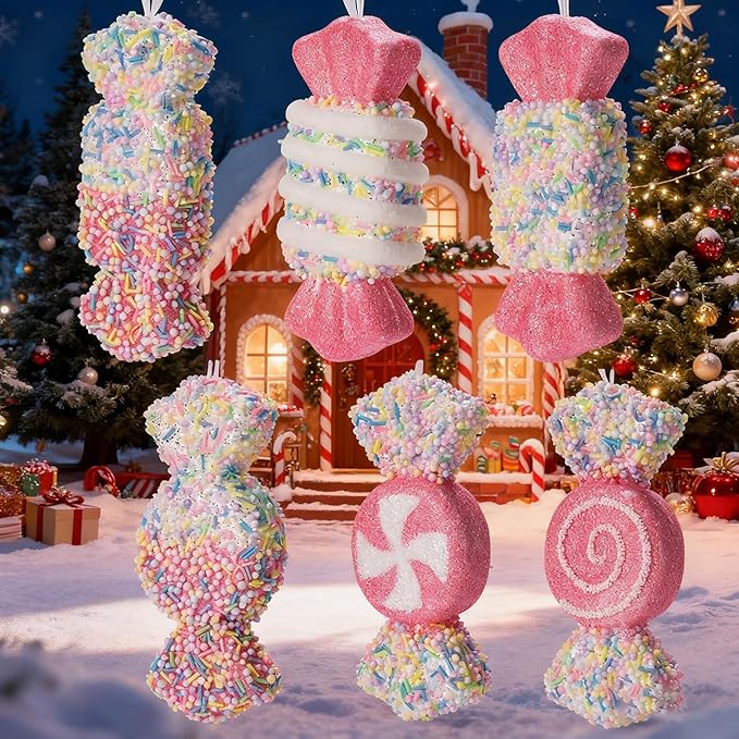 LANGXUN 6pcs Candy Land 2025 Xmas Birthday Party Wedding Suppiles Decoration, Hanging Candy Cane Christmas Tree Décor, Christmas Decorative Hanging Ornaments Crafts