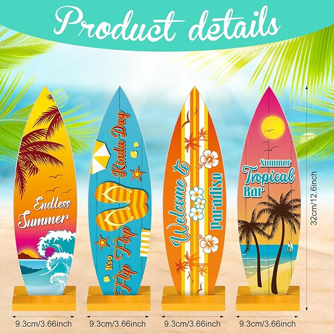 Blulu 4 Pcs Surfboard Table Decorations Surfboard Beach Signs Welcome to Paradise Sign Tropical Bar Table Centerpieces Endless Summer Wood Decor Flip Flop Letters for Home Decor(12.6 x 3.66 Inch)