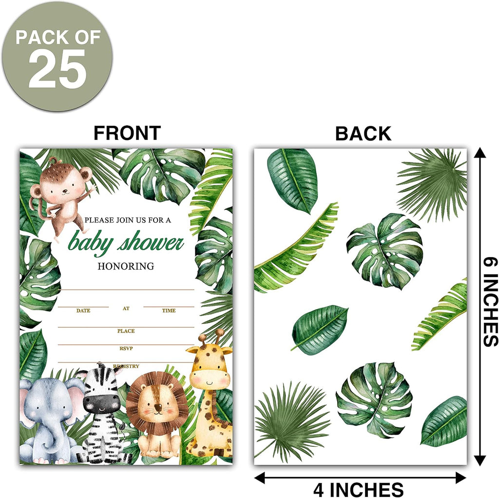 25 Safari Animals Baby Shower Invitation Cards With Envelopes (4" x 6"), Woodland Baby Gender Reveal Party Invites For Adults Kids - Gender Neutral Baby Shower Party Decorations Supplies(YQK-B25)
