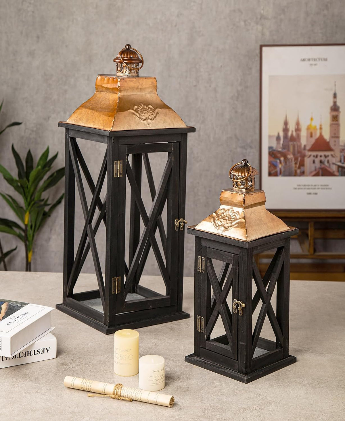 Large Farmhouse Wooden Lanterns with Metal Top, Decorative Floor Lanterns Set...