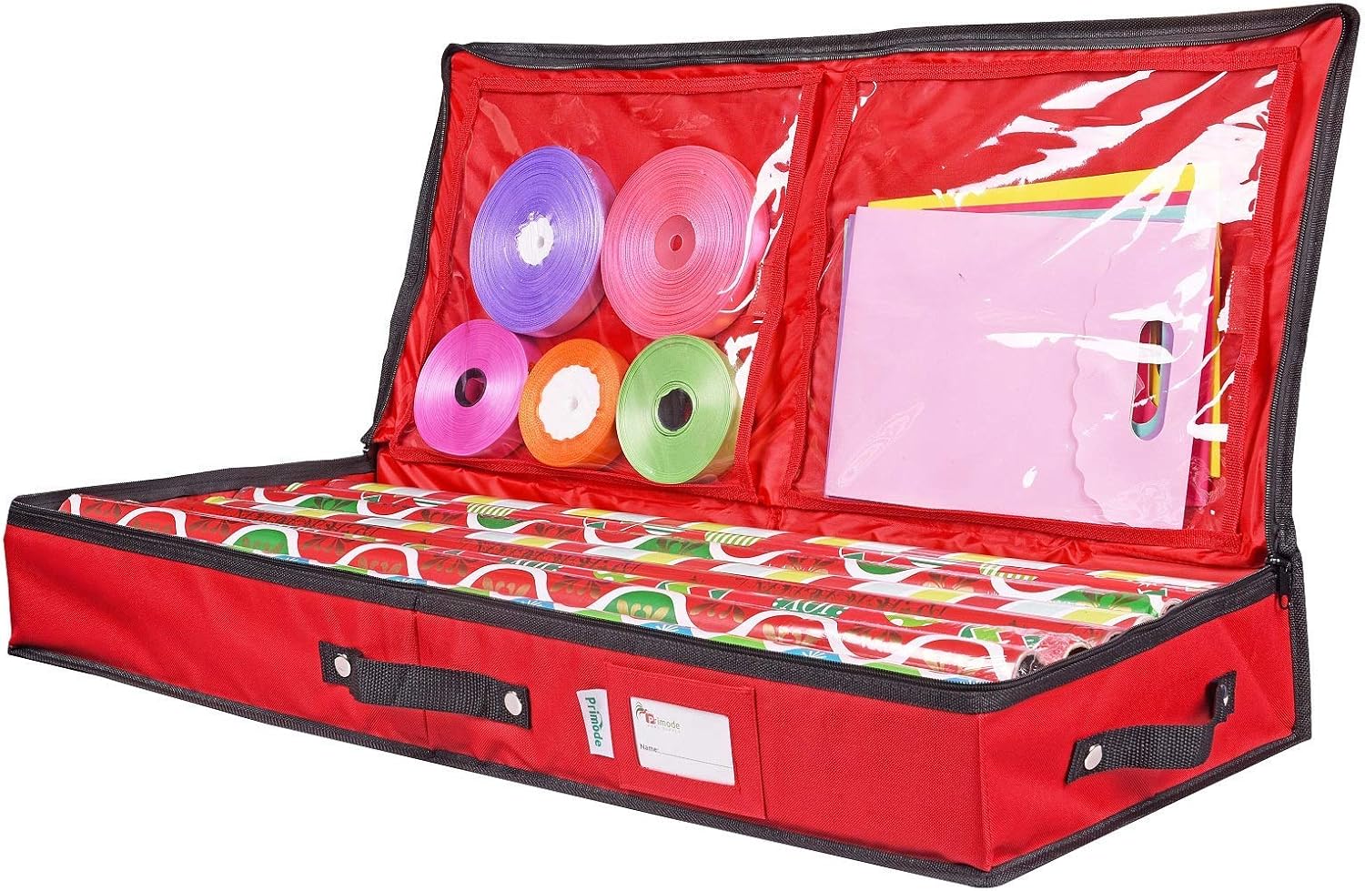 Wrapping Paper Storage Container | Under Bed Gift Wrap Organizer for 30 Inch Rolls | 31”x13.5”x4.5” | 600D Oxford Material | Box Holder with Pockets for Ribbon, Bows, and Accessories (Red)