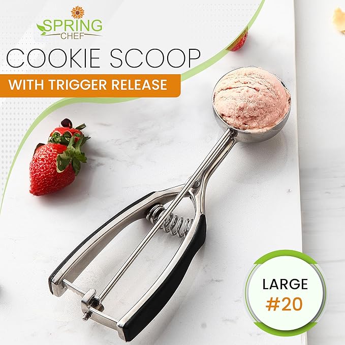 Spring Chef Large #20 Stainless Steel Cookie Scoop for Baking, Multifunctional Cookie Dough Scoop with Trigger Release - Dishwasher Safe Melon Baller - 2.93 Tablespoon Food Scooper for Kitchen - Black
