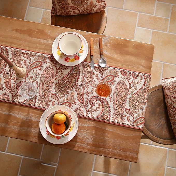 ISAENNE Designer Elegant Red Linen Extra Long Table Runner 118 Inches,Vintage Paisley Pattern Durable Table Runners for Dining Tables,Thanksgiving,Kitchen Tables,Christmas,12"*118"-Chauffrey A