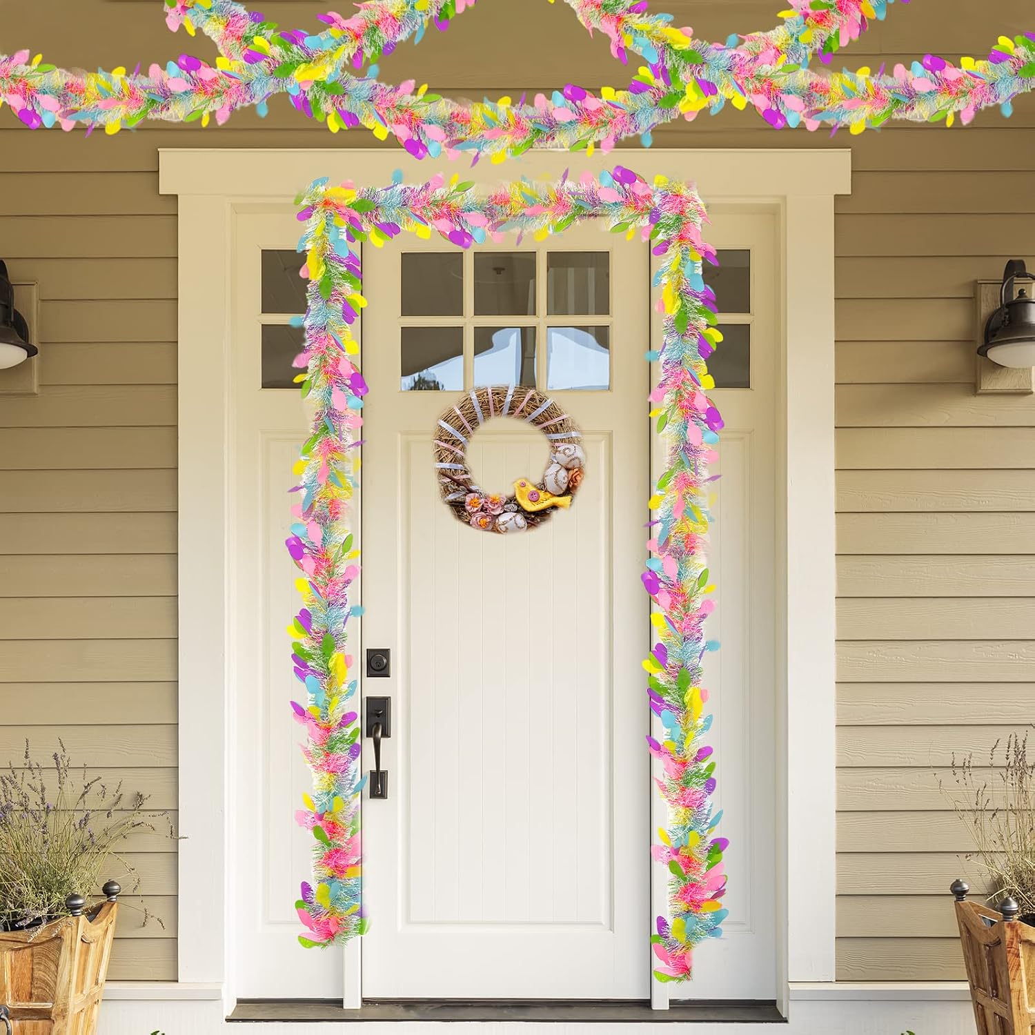 TURNMEON 3 Pack Easter Colorful Tinsel Garlands Easter Decorations,Total 45 Ft Easter Eggs Garland Metallic Streamer Hanging Fringe Garland Easter Decorations Home Indoor Outdoor Party,Each 15Ft by 6"