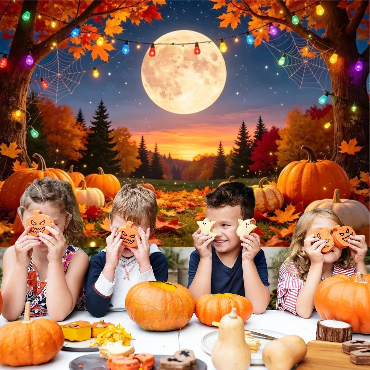 10x8FT Fall Maple Leaves Pumpkin Full Moon Photo Backdrop Decor