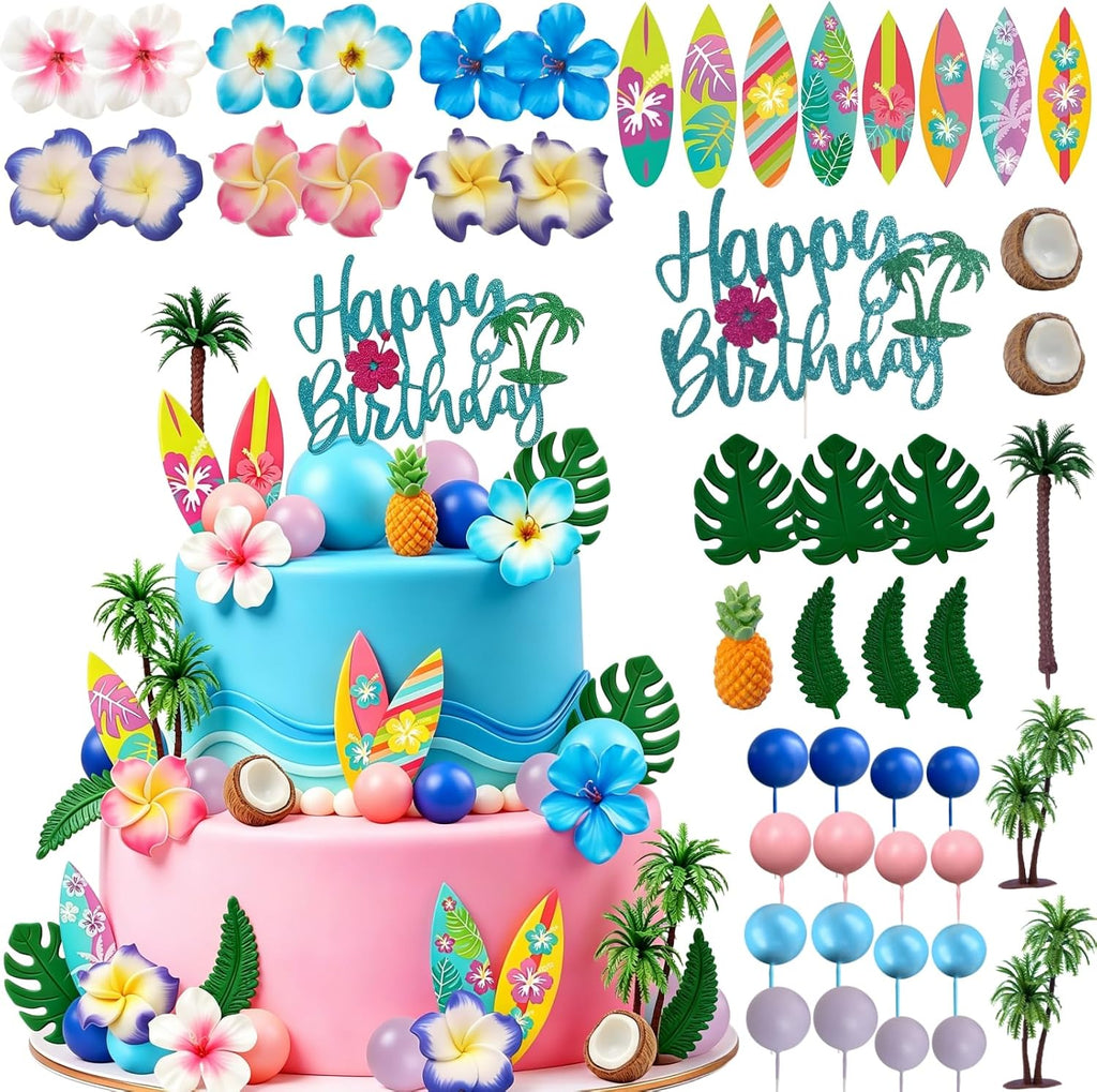 49 Pcs Hawaiian Cake Toppers, Summer Beach Cake Decoration with Surfs Flowers Leaves Coconut Trees Blue Pink Balls Cake Toppers for Birthday Party Supplies