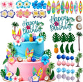 49 Pcs Hawaiian Cake Toppers, Summer Beach Cake Decoration with Surfs Flowers Leaves Coconut Trees Blue Pink Balls Cake Toppers for Birthday Party Supplies