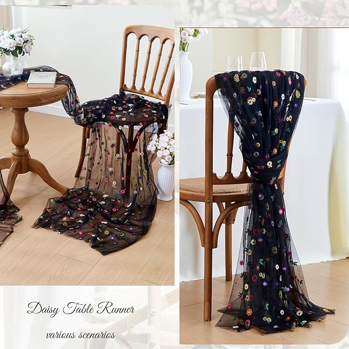 JIALE 3 Pack Black Floral Table Runner, Embroidery Daisy Seasonal Table Decorations, 120Inch 10FT Tulle Fabric for Home Decor, Bridal Shower Wedding, Baby Shower Parties, DIY Craft