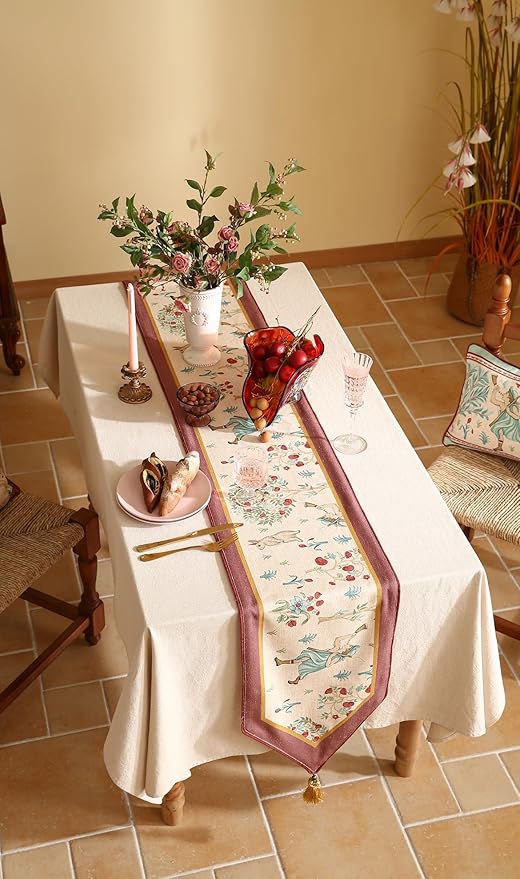 patdrea Designer Idyll Linen Table Runner, Vintage Beige Farmhouse with Ancient Spring Figure and Fruit Trees Pattern Table Mat, Decoration for Kitchen Dining Banquet Christmas ,12"*87"