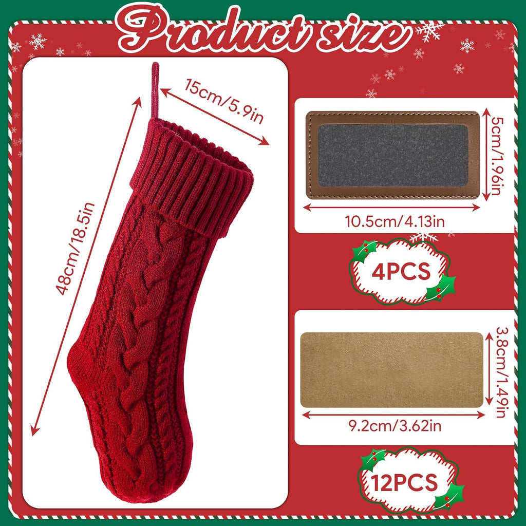 steo spce 4 Pack Personalized Christmas Stocking with Leather Patches Custom Name Family Christmas Stockings, 18.5” Large Knitted Xmas Stockings for Kids, Holiday and Fireplace Party Decoration