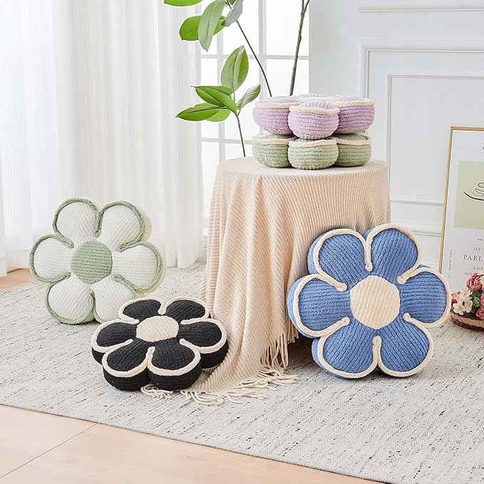 Flower Pillow, Soft Flower Decorative Throw Pillow, Cute Daisy Flower Shaped Seating Floor Cushion Room Décor Plush Pillows for Sofa Couch Bed (17.7 Inch, White)
