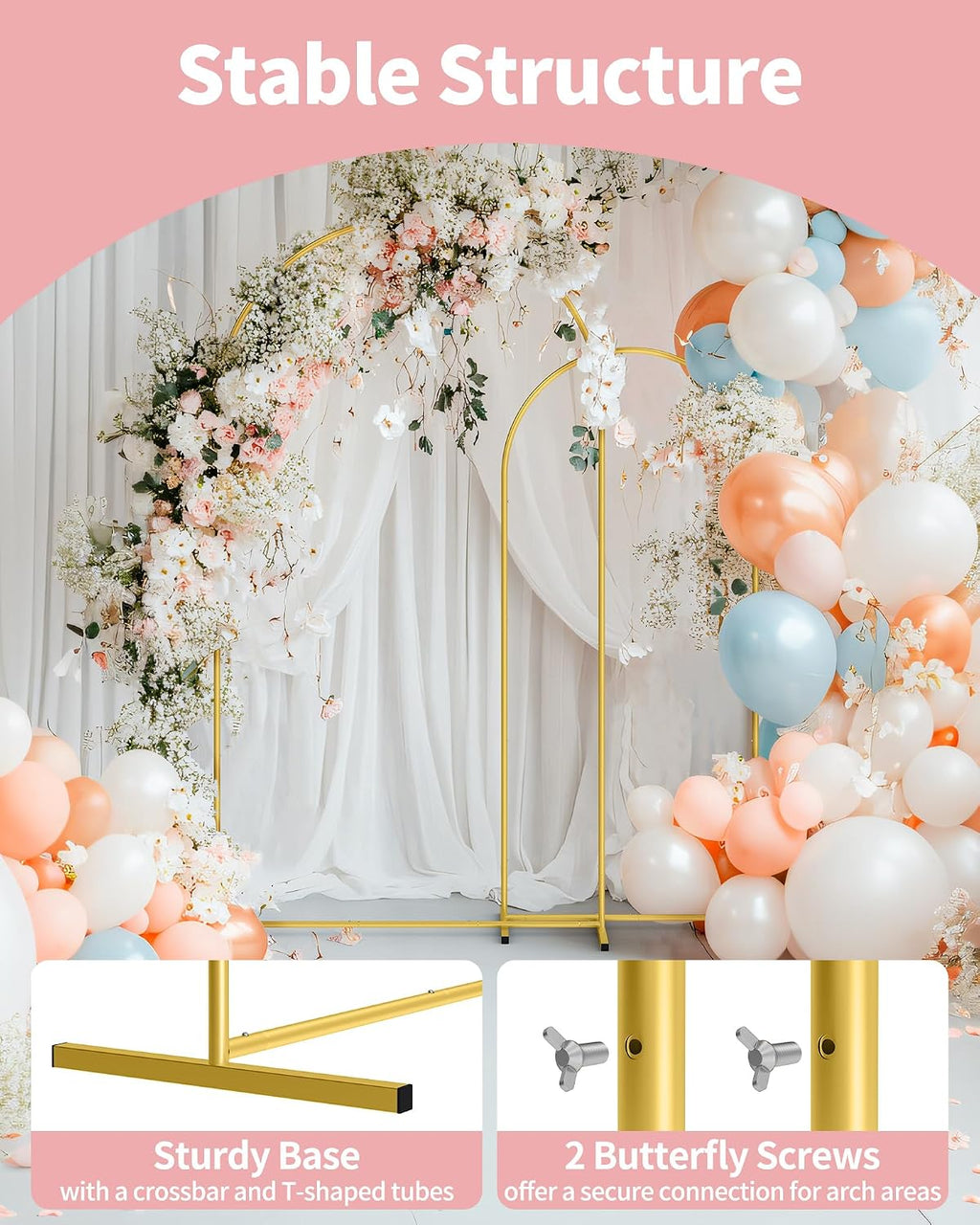 pureegg gold arch backdrop stand set, metal, set, close-up detail