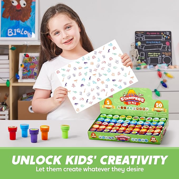 JOYIN 50PCS Dinosaur Stamps for Kids, 50 Different Designs, Fossils, Sea Creatures, Stamps for Dinosaur Party Favors, Easter Egg Stuffers, Halloween, Christmas, Birthday Gifts