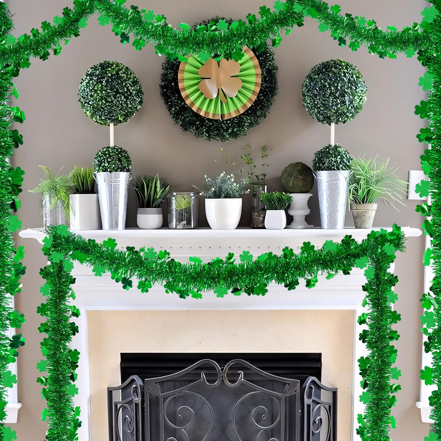 2 Pack St Patrick’s Day Tinsel Garland Decoration 66 Feet Hanging Metallic Green Shamrock Garland for Irish Festival Mantle Wall Window Decor