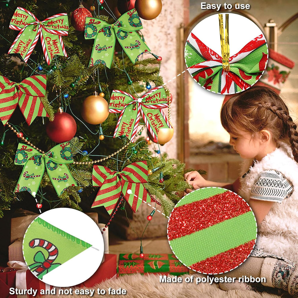12 Pcs Christmas Bows,6 Inch Large Red Green Christmas Wreaths Bows for Tree Gift Wrapping Garland,Holiday Decorations Party Crafts Tree Ribbon Ornaments