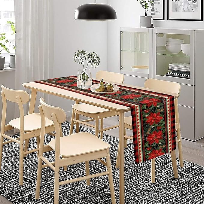 Christmas Table Runner,Seasonal Winter Xmas Holiday Plaid Table Cloth Kitchen Dining Table Decoration for Home Party Decor 13x36 Inch
