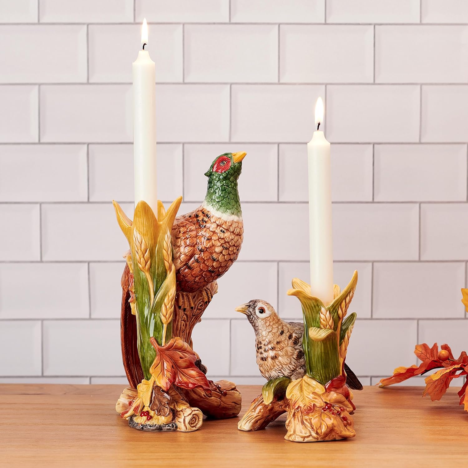 Fitz and Floyd Fall Harvest Pheasant Ceramic Figurine Candleholders, Set of 2, 10.5 and 6.25 inches Tall