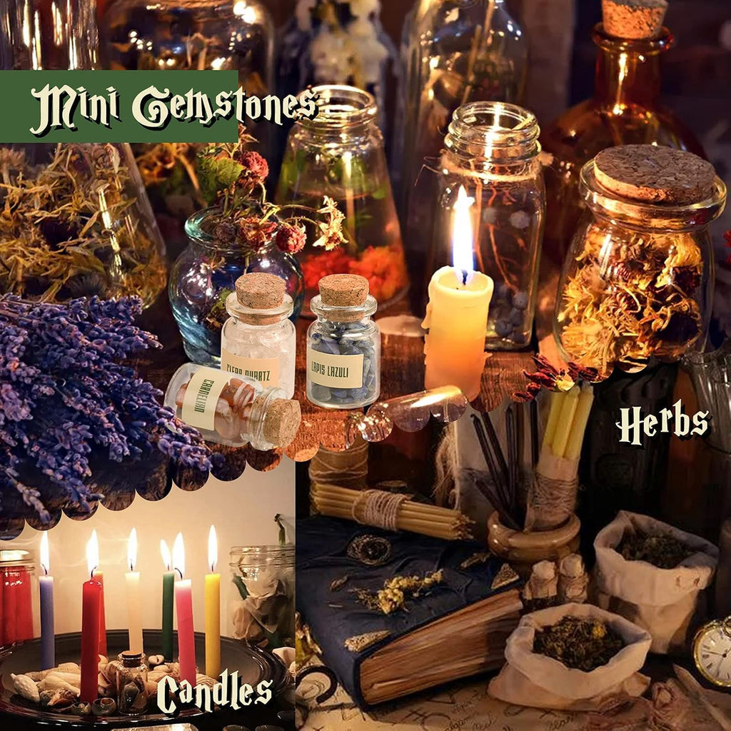 Tassika Witchcraft Starter Kit, Witchcraft Supplies for Wiccan Altar- 63 Pack of Crystals Dried Herbs, Colored Magic Candles, Charm Bags and Ritual Witches Salt for Spells, Baby Witches