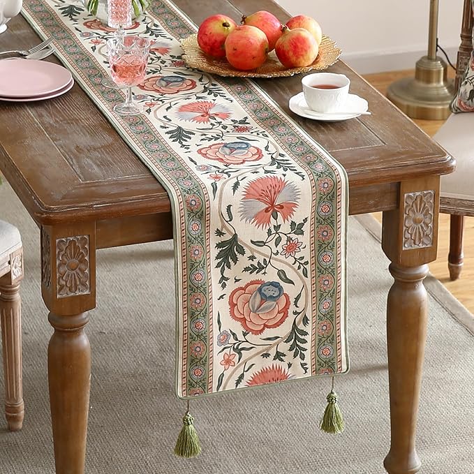 ISAENNE Designer Vintage Linen Table Runner 87 Inches Long,Elegant Floral Pattern Wrinkle Resistant Table Runners for Dining Tables,Thanksgiving,Kitchen Tables,Christmas,12"*87"-Daffy B