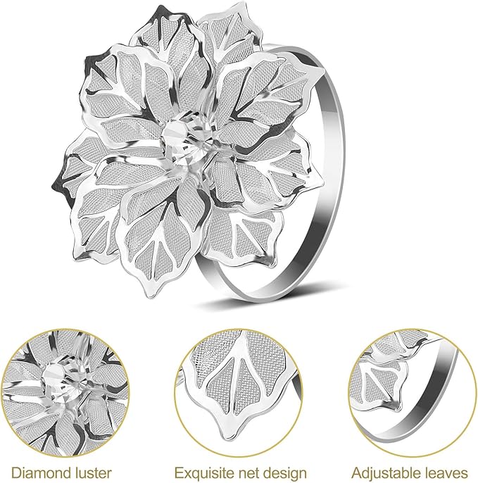 KPOSIYA Hollow Out Flower Napkin Ring Holder Metal Napkin Rings Set of 20 for Wedding Party Holiday Banquet Christmas Dinner Delicate Serviette Buckles Decor Favor (20, Flower-Silver)