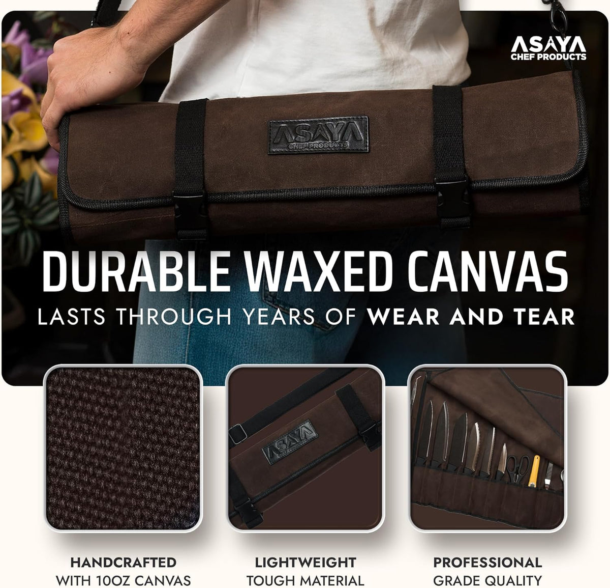 Asaya Waxed Canvas Chef Knife Roll Bag with 10 Slots and a Zipper Pocket - Pr...