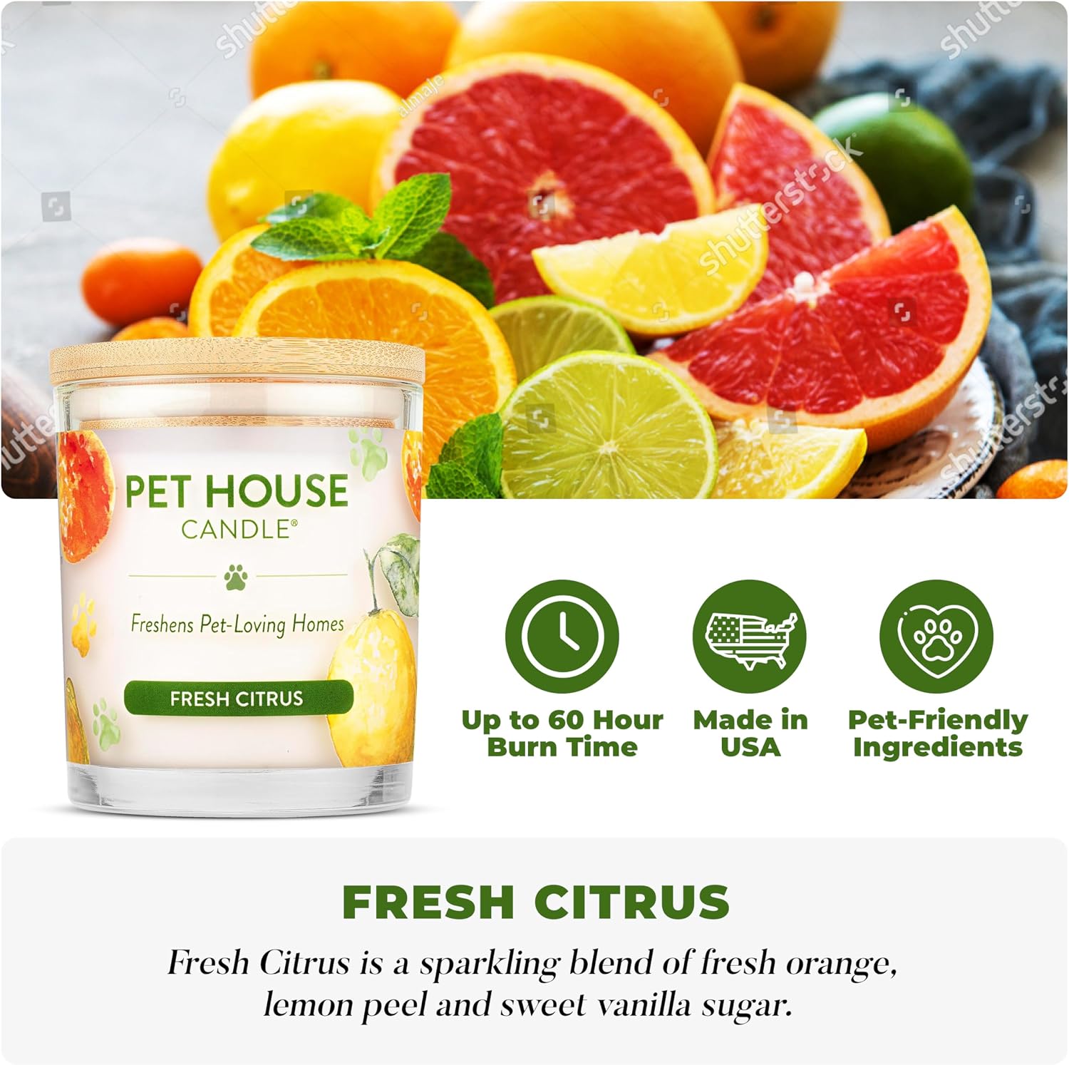 One Fur All Pet House Vanilla Candle Plant-Based/Soy - Clean Burning Scented, Long Lasting Pet Odor Candle for Home - Fresh Citrus