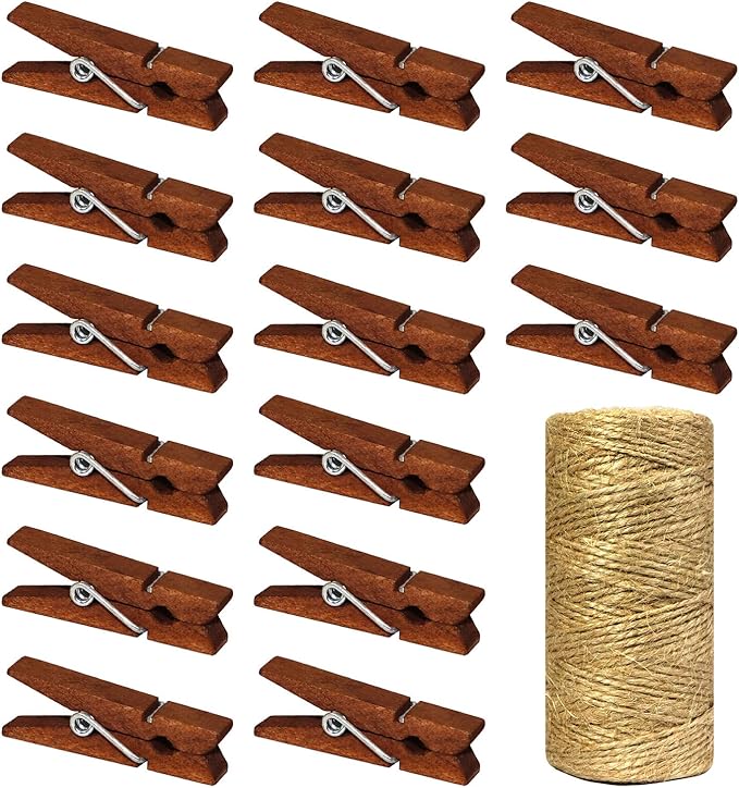 Mini Natural Wooden Clothespins with Jute Twine, 100pcs, 1.4 Inch Photo Paper Peg Pin Craft Clips with 320ft Natural Twine for Scrapbooking, Arts & Crafts, Hanging Photos (Rustic Brown)